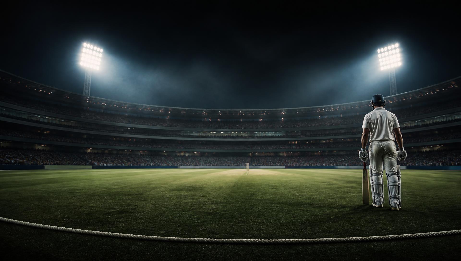 Cricketer facing a floodlit stadium